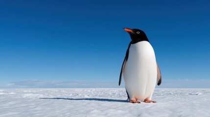 Obraz premium A solitary penguin stands on a vast, snow-covered landscape under a bright blue sky, showcasing its distinctive black and white plumage.