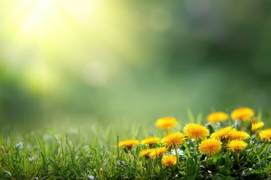 Close up of vibrant yellow dandelions in green grass
