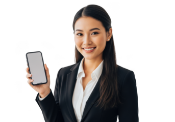 Smiling asian businesswoman holding a modern smartphone with a blank screen for your content isolated on transparent background