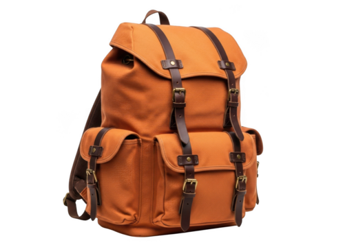 Vintage style orange canvas backpack with leather straps and buckles for travel and hiking isolated on transparent background - Powered by Adobe