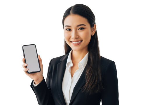 Smiling asian businesswoman holding a modern smartphone with a blank screen for your content isolated on transparent background - Powered by Adobe