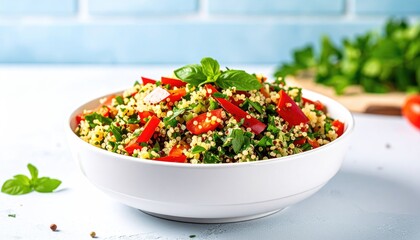 Couscous salad in white bowl on table