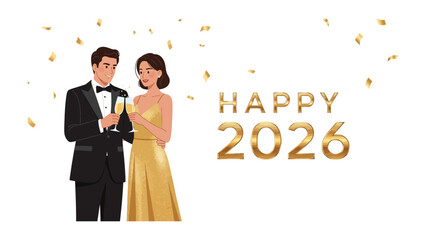 New Year Celebration with Champagne: A stylish couple toasts the new year with champagne, under a shower of golden confetti, celebrating the arrival of 2026.