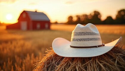 Cowboy hat rests on hay bale at sunset. Red barn stands in field on background. Golden light shines through dry grass. Agriculture during harvest time represents rural idyll life.