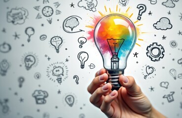 Hand holds bright colorful lightbulb. Rainbow colors glow inside lamp. Surrounding background shows many small doodle art drawings of ideas, thoughts, questions, solutions, gear symbols. Image
