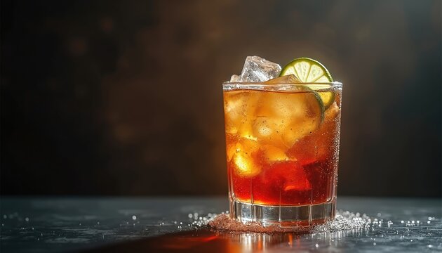 Illustration of a refreshing Cuba Libre cocktail. Cold drink with ice and lime slice. Dark background adds to the elegance. It is an ideal photo for bar menus or ads.