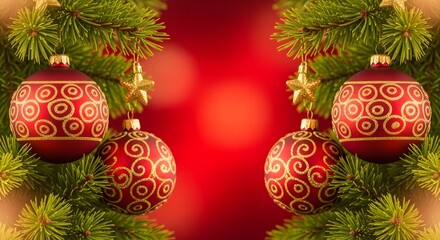 Festive red christmas ornaments adorn green fir branches