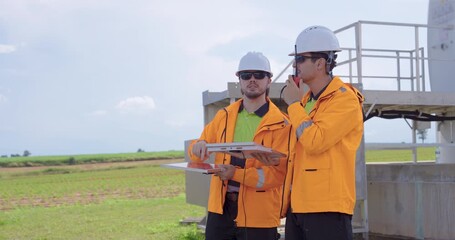 Two Caucasian engineers wearing orange safety jacket and helmet discuss wind turbine system operation near tower base using tablet for data analysis and maintenance plan in renewable clean energy - Powered by Adobe