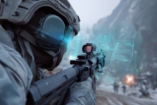 Soldier aiming rifle with advanced technology display - Powered by Adobe