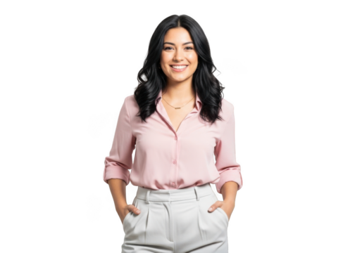 A young woman with dark wavy hair wearing a pink blouse and white pants smiles confidently with her hands in her pockets isolated on transparent background