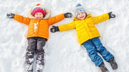 Happy young children making snow angels in fresh white snow, enjoying winter outdoor fun and playtime.