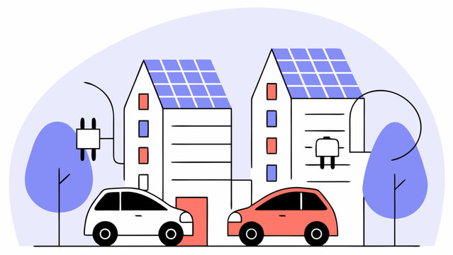 Illustration of two electric cars charging at houses with solar panels on the roofs in a neighborhood