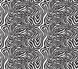 Abstract black and white pattern of wavy lines forming organic shapes and textures, creating a dynamic visual flow.