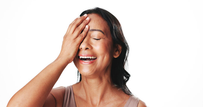 Beauty, woman and eye cover in studio for anti aging treatment results, natural glow and hydration. Mockup space, mature person and happy on white background for skincare, radiance and healthy skin