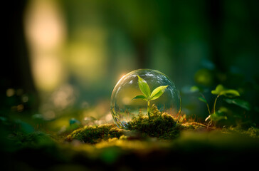 A sustainable future concept featuring green plants and eco friendly energy in nature. Symbols of growth, the environment, and renewable life.
