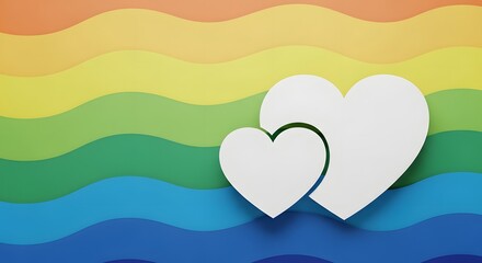 Two white hearts on a rainbow background, symbolizing love and diversity
