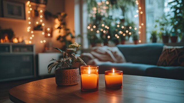 Cozy living room ambiance with flickering candles, lush plants, and warm fairy lights creating a serene, inviting atmosphere for relaxation and comfort.