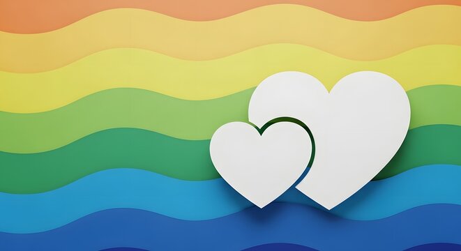 Two white hearts on a rainbow background, symbolizing love and diversity