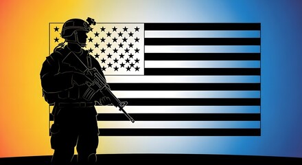 Silhouette of a soldier in tactical gear standing in front of an american flag with a gradient background