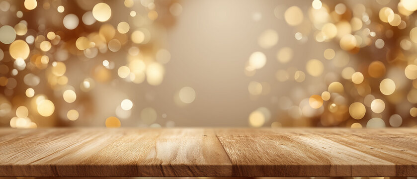 Warm golden bokeh lights and wooden table surface for product display 62