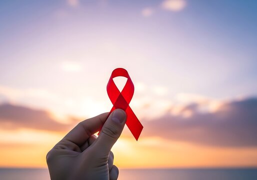 Hand holding red ribbon for world aids day isolated on a sunset background