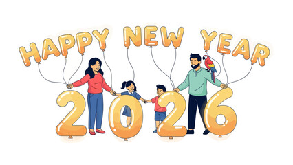 Happy New Year Celebration: A family stands holding '2026' shaped balloons as they celebrate a new year with balloons. Showing the start of a year full of happiness, goals and aspirations.