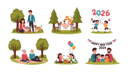 Family Moments: A collection of illustrations depicting families enjoying picnics, New Year celebrations, and joyful moments together, embodying the spirit of togetherness, love.