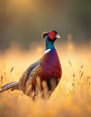 Male common pheasant stands in tall dry grass during sunrise. Bird shows colorful plumage and head crest. Wildlife photo with bokeh background.