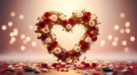 A beautiful heartshaped wreath adorned with red and white roses, illuminated by soft bokeh lights, symbolizing love and romance