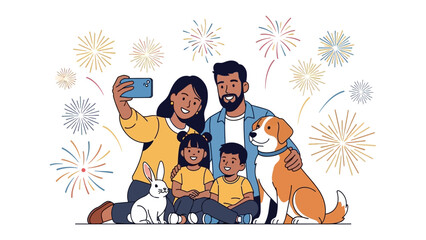 Family Selfie under the Fireworks: Capturing a joyful family moment with their beloved pets.