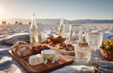 Beach picnic sunset couple wine bread cheese grapes cozy romantic vibe