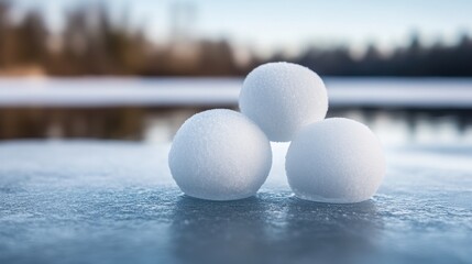 Three white snowballs resting on a frozen lake surface with a blurred winter forest background