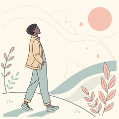 Illustration of a stylish black woman walking outdoors in a serene landscape, enjoying nature and the peaceful atmosphere under a gentle sun