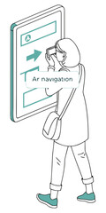 Isometric illustration of a woman using augmented reality navigation on a digital display, she is wearing a mask and carrying a shoulder bag