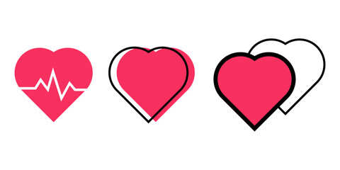 Set of Three Pink Heart Icons ECG Outline and Overlapping for Cardiology and Love Concepts