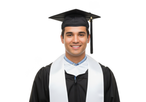 Young smiling male graduate wearing a black cap and gown with a white stole isolated on transparent background