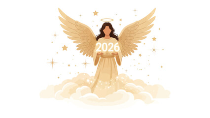 A Heavenly Vision: An angelic figure with golden wings floats amidst the clouds, holding aloft a beacon of the future - the year 2026. The serene image evokes a sense of hope and anticipation.