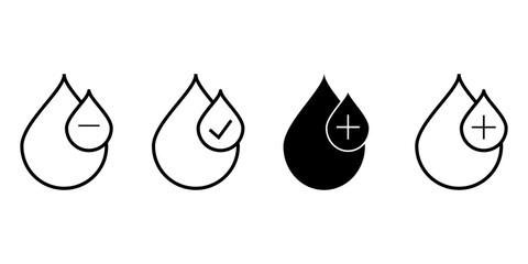 Set of Four Blood Drop Icons Add Subtract Checkmark and Solid Variants for Medical UI Design