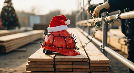 Festive red construction hard hat with Santa hat and Christmas lights on a building site, celebrating holiday season