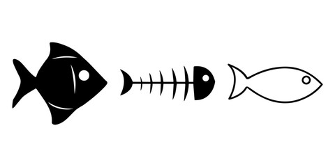 Fish Evolution Concept Solid Silhouette Skeleton Remains and Outline Symbol on White Background