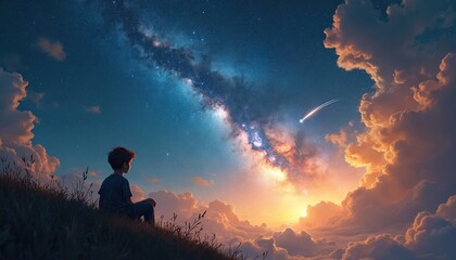 Boy sits on grass looking at stars and milky way. Shooting star streaks across sky with clouds during twilight. Child observes night cosmos and universe.