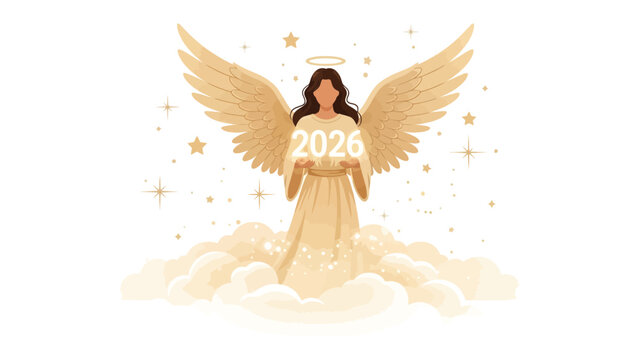 A Heavenly Vision: An angelic figure with golden wings floats amidst the clouds, holding aloft a beacon of the future - the year 2026. The serene image evokes a sense of hope and anticipation.