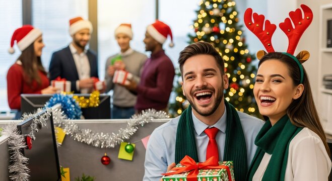 Joyful young diverse office colleagues celebrating Christmas holidays with gift exchange and festive decorations in a modern workplace.