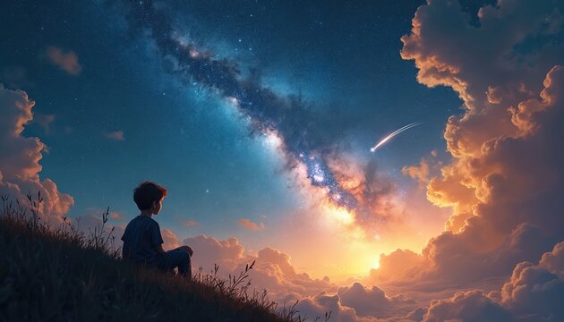 Boy sits on grass looking at stars and milky way. Shooting star streaks across sky with clouds during twilight. Child observes night cosmos and universe.