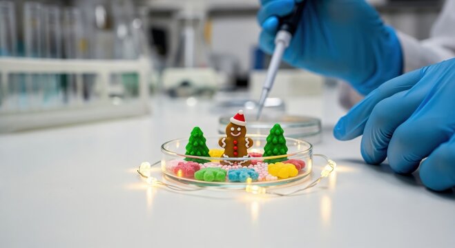 Creative Christmas Scene in a Science Laboratory with Gingerbread Man, Trees, and Colorful Candies in a Petri Dish - Powered by Adobe