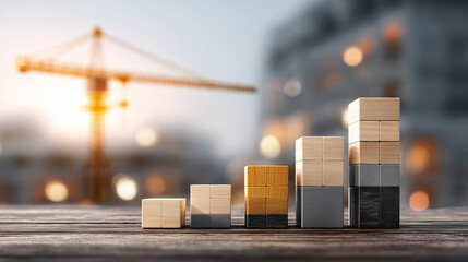 Rising blocks graph on construction site, symbolizing growth and development
