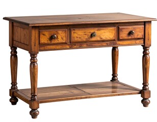 Wooden console table with three drawers, shelf, and decorative turned legs