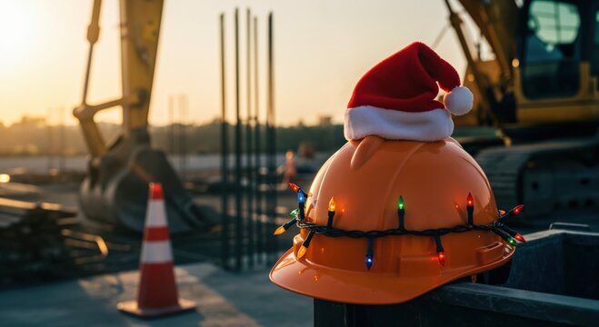 Festive orange hard hat adorned with a Santa hat and colorful Christmas lights on a construction site during golden hour.