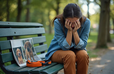 Woman grieves at park bench. She covers face with hands. A missing dog poster and collar rest beside her. The photo reflects loss and sadness over pet absence.