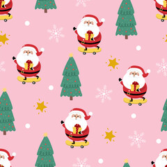 Merry Christmas and happy new year background. Santa Claus, tree and snowflake seamless pattern, Holiday cartoon character vector.